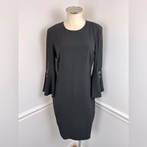 CALVIN KLEIN Black Stretchy Sheath Dress Bell Sleeves Gold Detail | Size 4